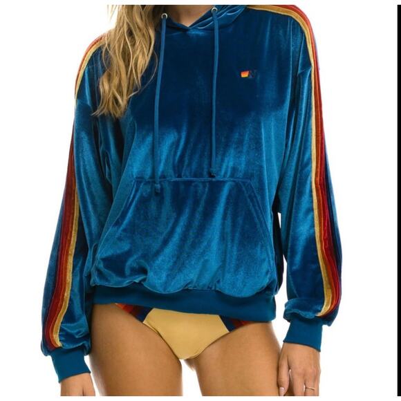 Aviator Nation Classic Velvet Relaxed Pullover Hoodie Blue Small - Picture 1 of 3